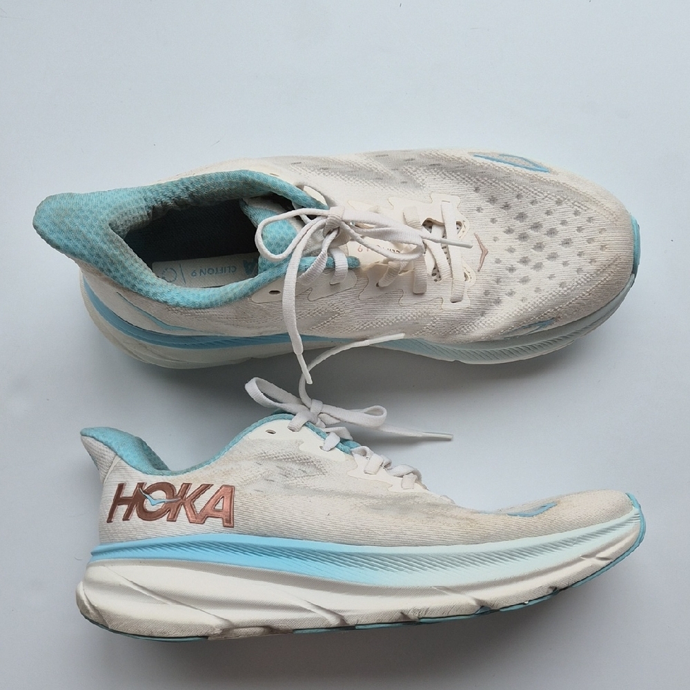 Hoka Clifton 9 White and Light Blue Athletic Running Shoes